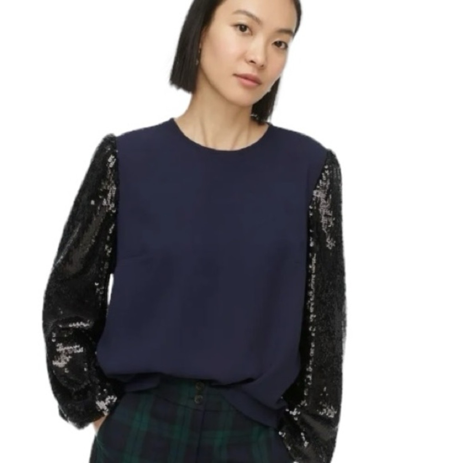 J. Crew Navy Blue Black Sequin Sleeve Blouse Size Large
